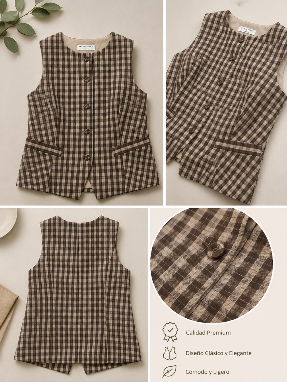 Moon River Brown and Cream Plaid Girls' Vest - Classic Button Front